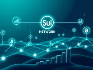 Sui Network's digital ecosystem with glowing connections, symbolizing its ETF filing, 9.6% staking APR, and remarkable institutional adoption.