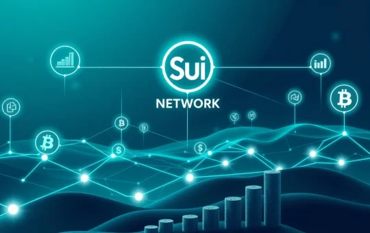 Sui Network's digital ecosystem with glowing connections, symbolizing its ETF filing, 9.6% staking APR, and remarkable institutional adoption.