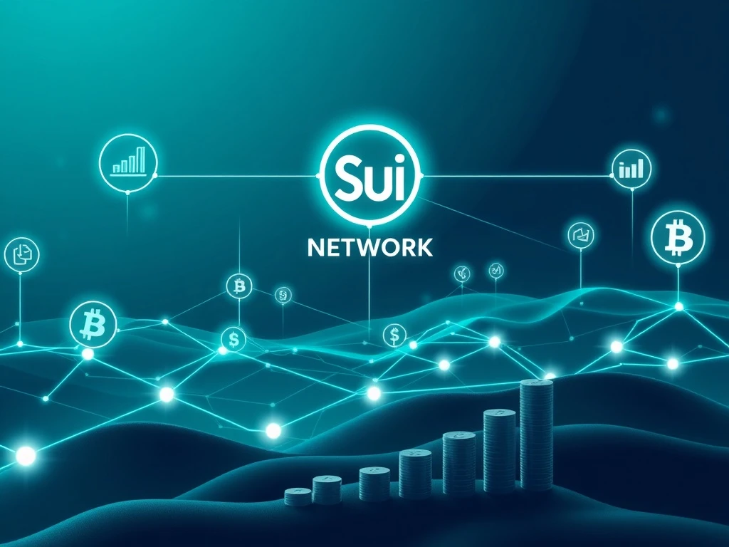 Sui Network's digital ecosystem with glowing connections, symbolizing its ETF filing, 9.6% staking APR, and remarkable institutional adoption.