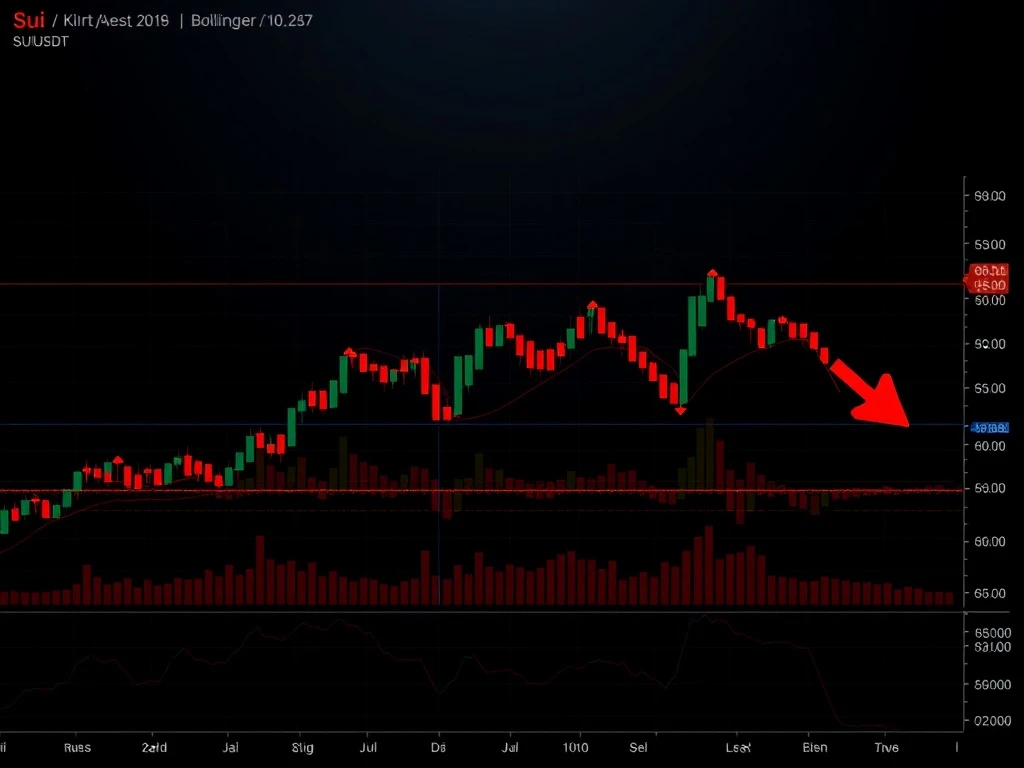 A visual representation of Sui (SUIUSDT) market analysis, highlighting bearish trends with downtrend arrows and technical indicators.