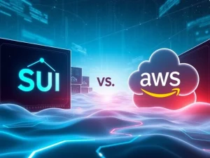 A visual representation of SUI blockchain's Walrus Protocol aiming to compete with Amazon AWS in the realm of decentralized storage.