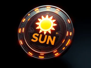 SUN cryptocurrency logo glowing with rapid growth and blockchain technology