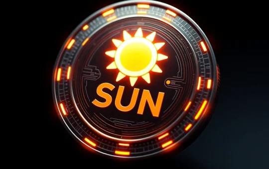 SUN cryptocurrency logo glowing with rapid growth and blockchain technology