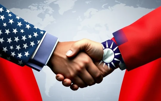 Depiction of Taiwan US trade talks, symbolizing ongoing negotiations over Trump tariffs impacting global semiconductor supply chain.