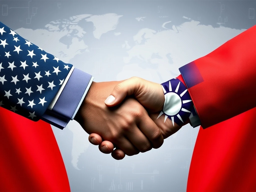 Depiction of Taiwan US trade talks, symbolizing ongoing negotiations over Trump tariffs impacting global semiconductor supply chain.