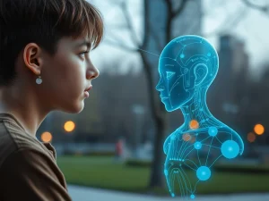 A young person interacting with a digital interface representing an AI companion, illustrating the growing trend of teen AI engagement and its impact on human connection.