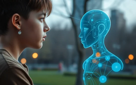 A young person interacting with a digital interface representing an AI companion, illustrating the growing trend of teen AI engagement and its impact on human connection.