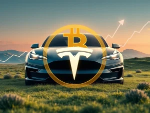 A chart showing a sharp increase, with Tesla and Bitcoin logos, representing Tesla Bitcoin gains driving significant financial growth.