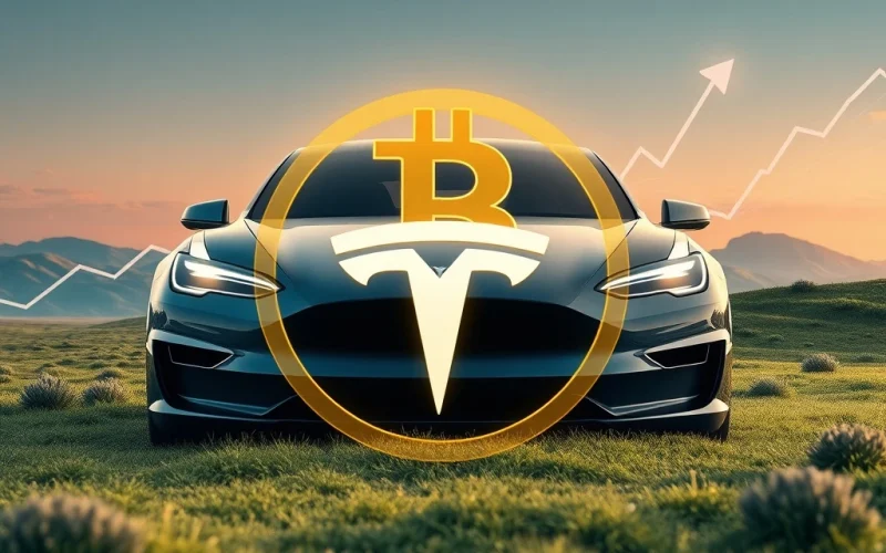 A chart showing a sharp increase, with Tesla and Bitcoin logos, representing Tesla Bitcoin gains driving significant financial growth.