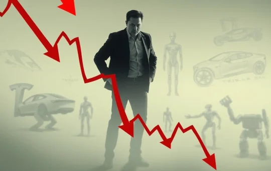 A chart showing a sharp decline in Tesla shares following disappointing Q2 earnings, with the concept of Musk Magic Premium in the background.