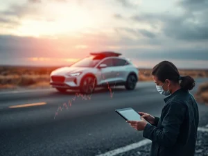 A downward trending stock chart overlaid on a Tesla vehicle, symbolizing the Tesla stock fall and investor skepticism.