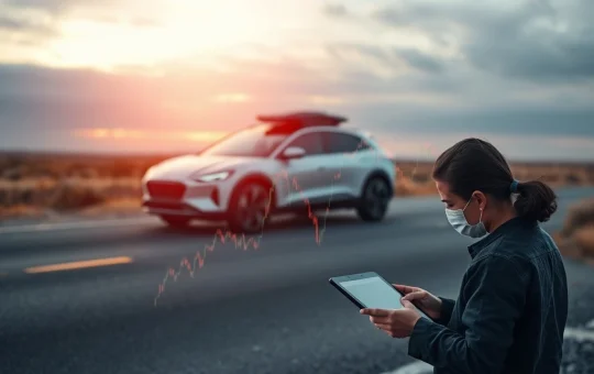 A downward trending stock chart overlaid on a Tesla vehicle, symbolizing the Tesla stock fall and investor skepticism.