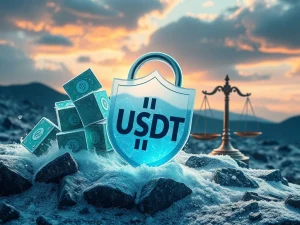A digital lock secures a stack of USDT coins, symbolizing Tether's crucial freeze of funds in a counterterrorism operation.