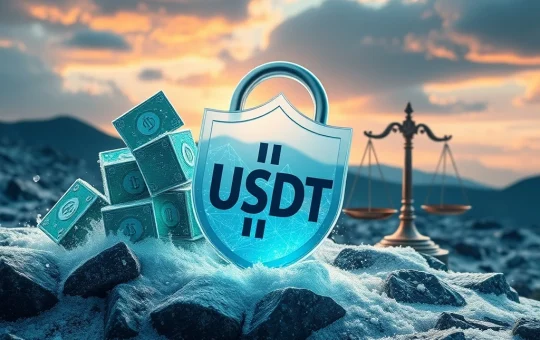 A digital lock secures a stack of USDT coins, symbolizing Tether's crucial freeze of funds in a counterterrorism operation.