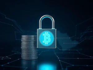 A digital padlock securing Tether (USDT) coins, symbolizing the recent Tether freeze of funds linked to terror financing.