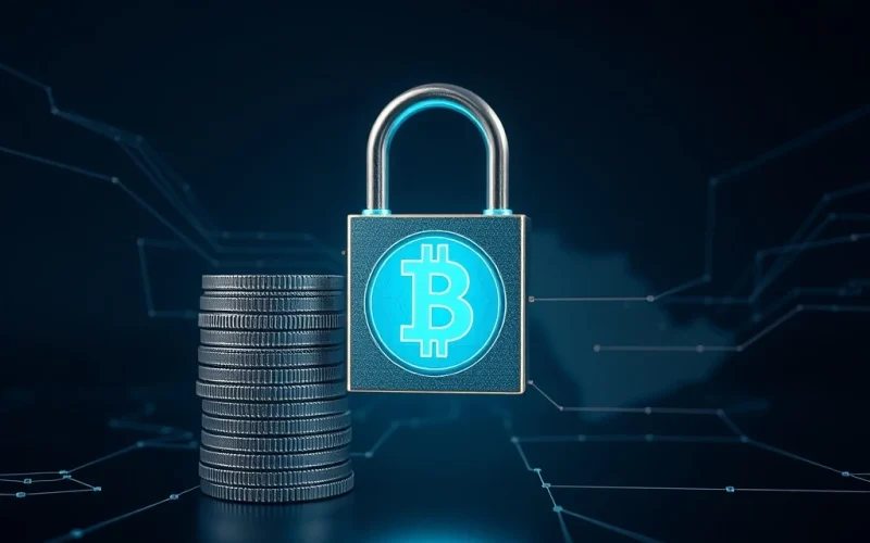 A digital padlock securing Tether (USDT) coins, symbolizing the recent Tether freeze of funds linked to terror financing.