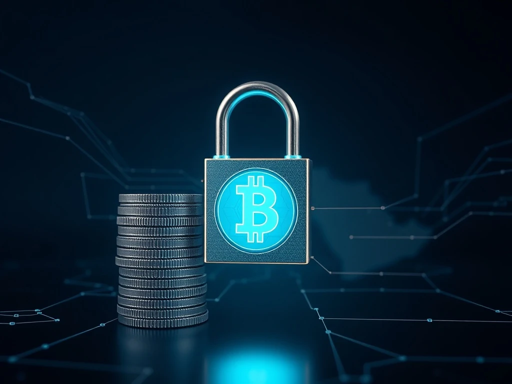 A digital padlock securing Tether (USDT) coins, symbolizing the recent Tether freeze of funds linked to terror financing.