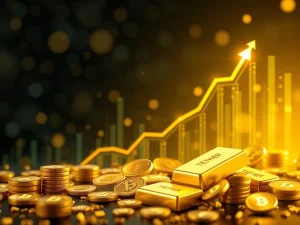 Tether Gold (XAUT) token represented by a gold bar and blockchain elements, symbolizing its significant market cap surge.