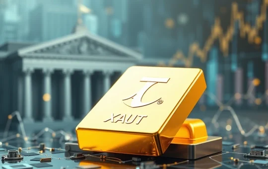 Tether Gold (XAUt) logo on a digital gold bar, symbolizing its surge in market cap driven by central bank gold and ETF demand.