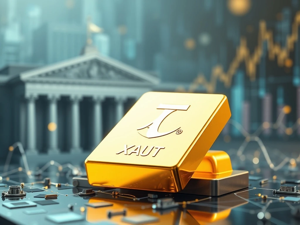 Tether Gold (XAUt) logo on a digital gold bar, symbolizing its surge in market cap driven by central bank gold and ETF demand.