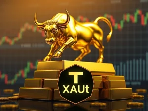 A golden bull representing the incredible Tether Gold XAUt surge and its $800M market cap growth, fueled by central bank and ETF demand.