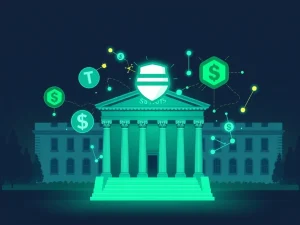 An illustration depicting the launch of a new Tether stablecoin, emphasizing its compliance with US crypto regulation and its role in institutional finance.