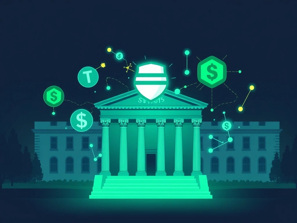 An illustration depicting the launch of a new Tether stablecoin, emphasizing its compliance with US crypto regulation and its role in institutional finance.