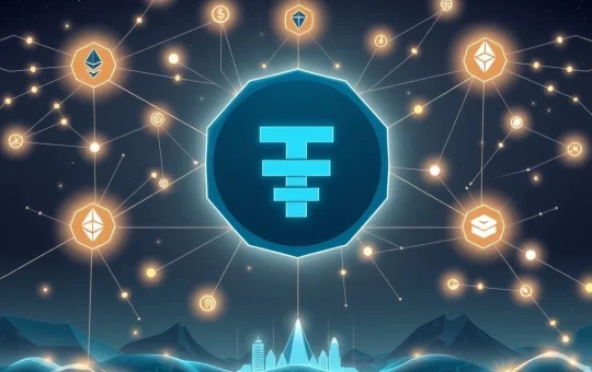 Tether USDT logo towering over various interconnected blockchains, symbolizing its unrivaled stablecoin market dominance and blockchain liquidity.
