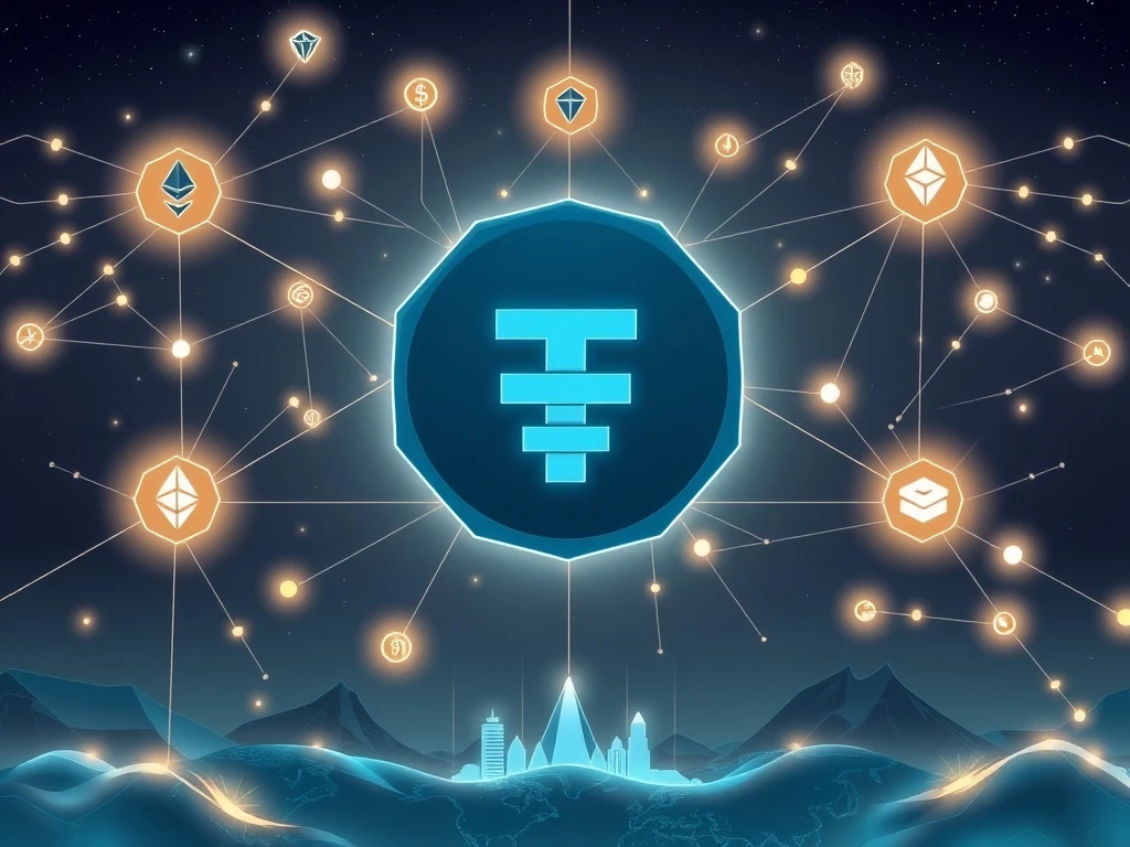 Tether USDT logo towering over various interconnected blockchains, symbolizing its unrivaled stablecoin market dominance and blockchain liquidity.