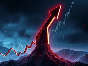 A digital graph showing THE crypto's price skyrocketing, symbolizing its 523.83% surge amidst market volatility.