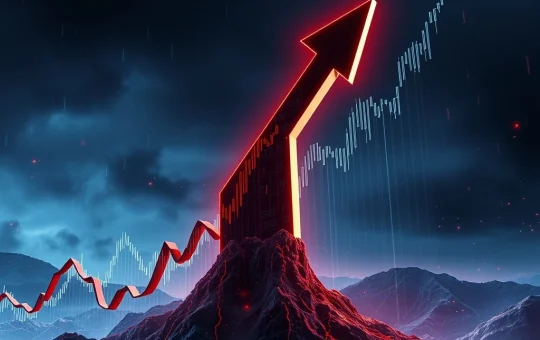 A digital graph showing THE crypto's price skyrocketing, symbolizing its 523.83% surge amidst market volatility.