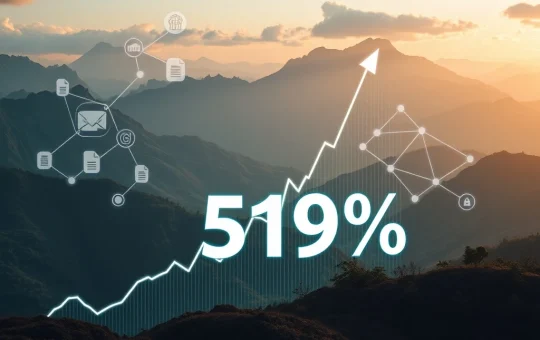 Chart depicting THE token's unprecedented 519% cryptocurrency surge, reflecting market volatility and strategic blockchain partnerships.