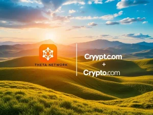 Theta Network and Crypto.com logos overlaid on a secure digital network, symbolizing enhanced THETA custody and institutional trust.