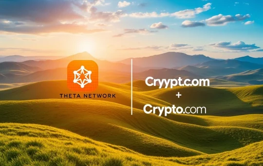 Theta Network and Crypto.com logos overlaid on a secure digital network, symbolizing enhanced THETA custody and institutional trust.