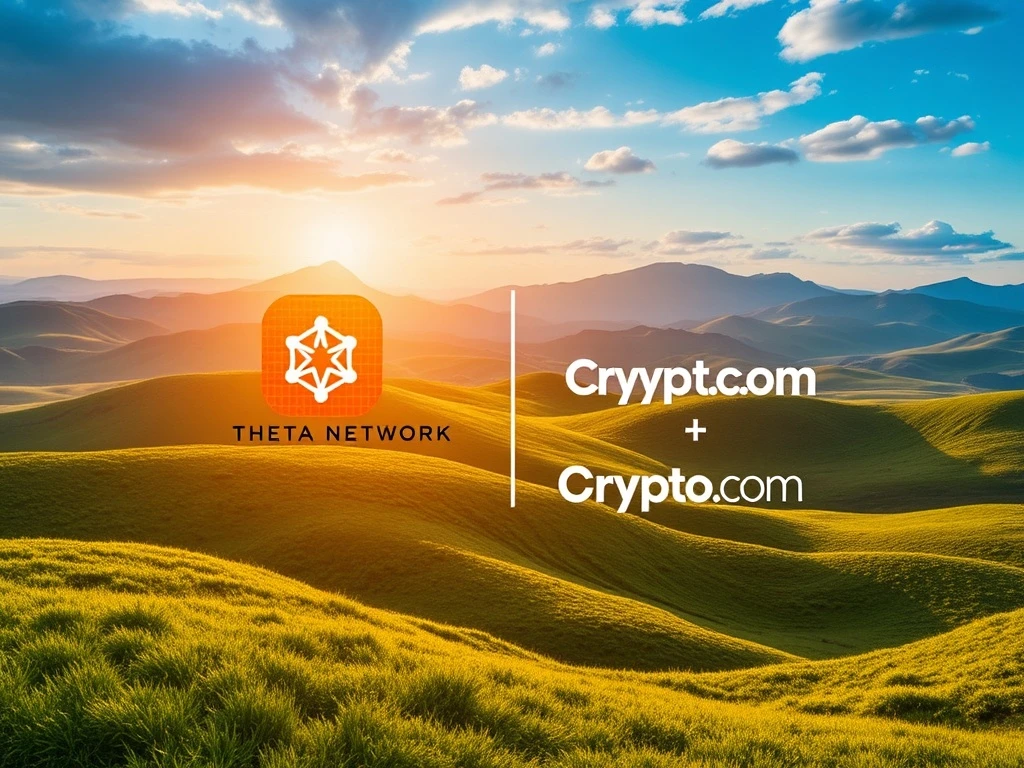 Theta Network and Crypto.com logos overlaid on a secure digital network, symbolizing enhanced THETA custody and institutional trust.