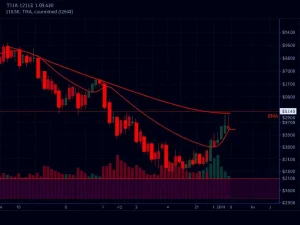 Chart showing Celestia TIA token price dropping sharply, indicating a significant EMA breakdown and bearish market trend.