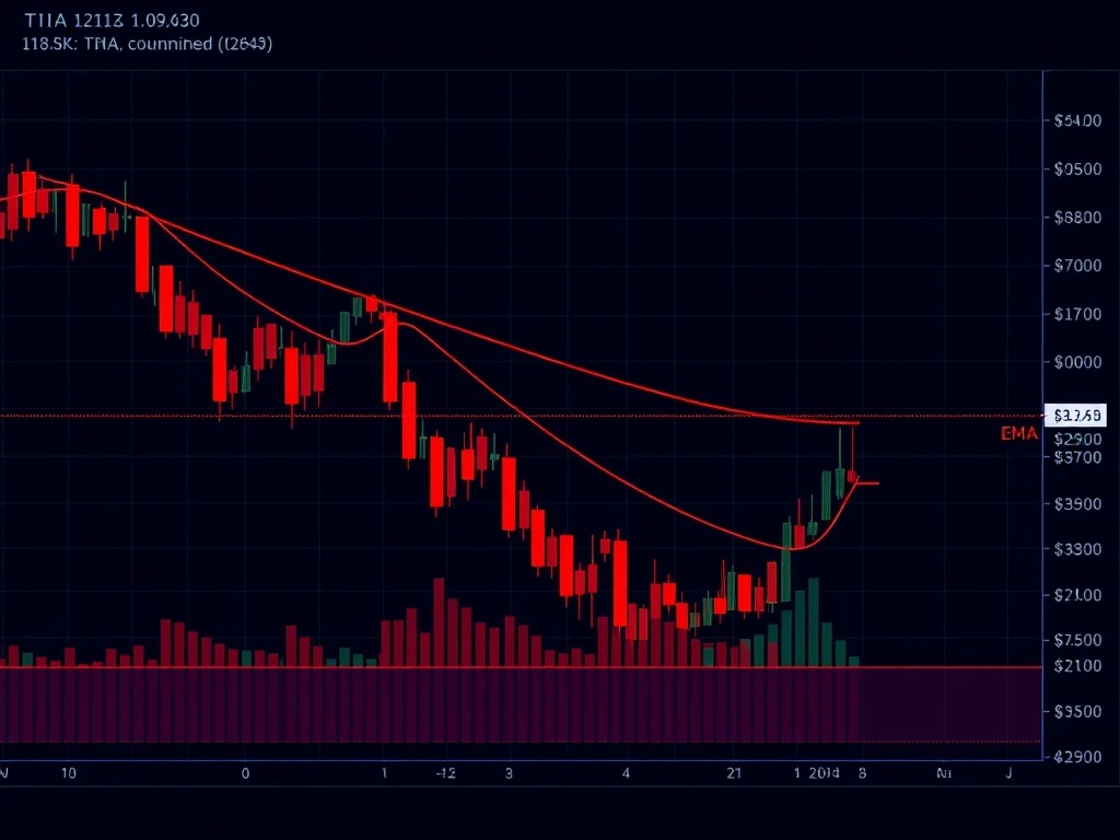 Chart showing Celestia TIA token price dropping sharply, indicating a significant EMA breakdown and bearish market trend.