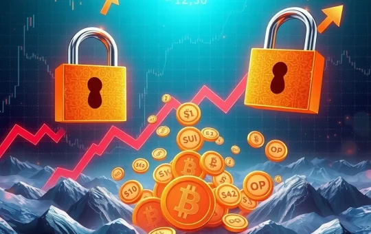 A crypto market chart showing price fluctuations due to SUI, ENA, and OP token unlocks, symbolizing the $484M influx and potential market volatility.