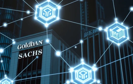 Goldman Sachs and BNY Mellon buildings connected by glowing blockchain lines, symbolizing the revolutionary Tokenized Money Market Funds initiative.