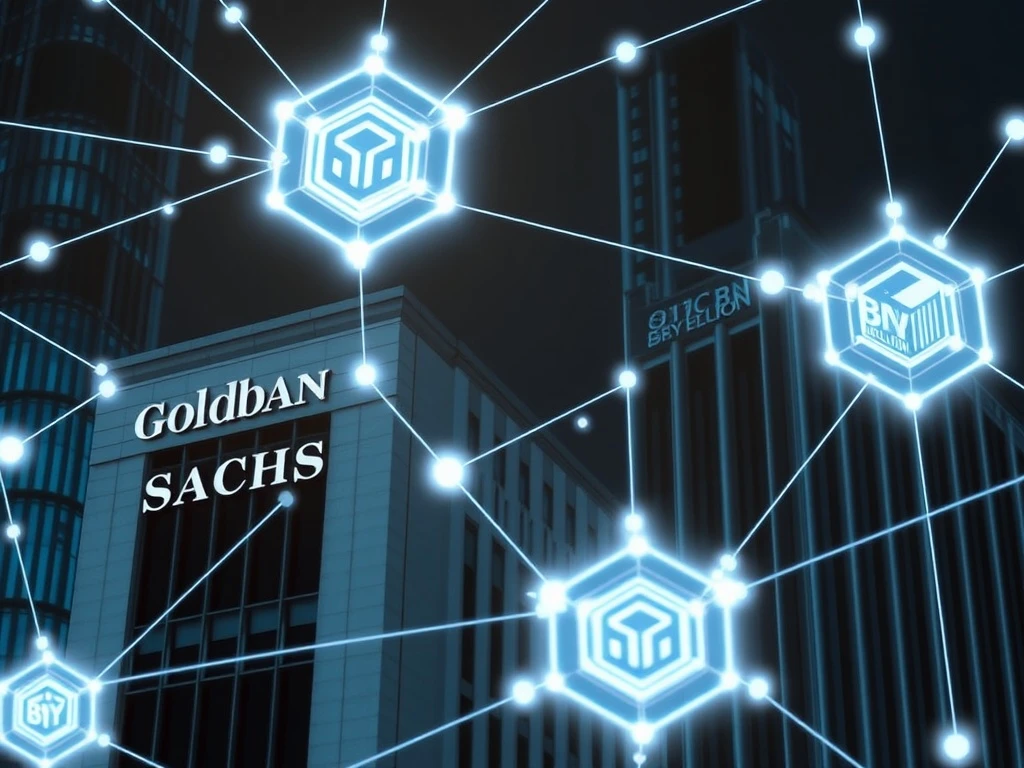 Goldman Sachs and BNY Mellon buildings connected by glowing blockchain lines, symbolizing the revolutionary Tokenized Money Market Funds initiative.