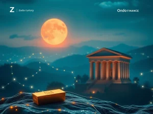 A secure digital vault representing Zodia Custody's role in safeguarding tokenized real-world assets within Ondo Finance's alliance.