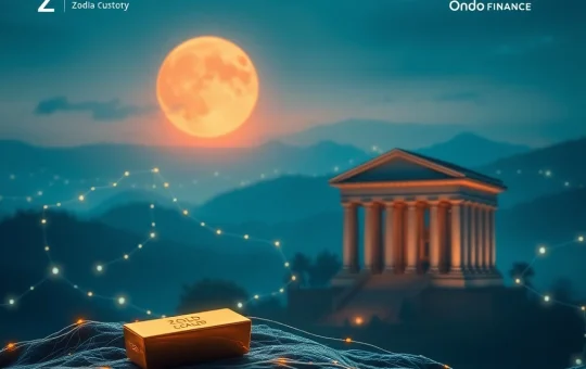 A secure digital vault representing Zodia Custody's role in safeguarding tokenized real-world assets within Ondo Finance's alliance.