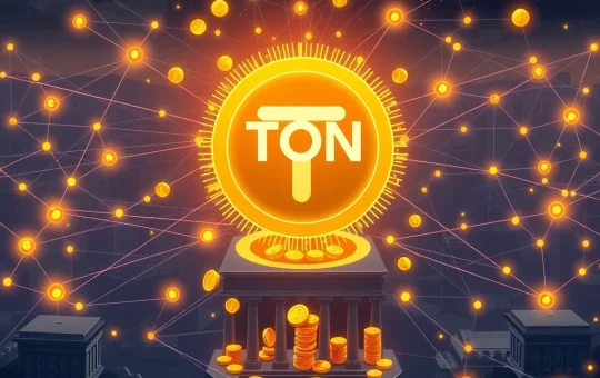A digital illustration showing a strong financial boost for the Toncoin ecosystem, with golden coins flowing towards the TON Foundation logo.