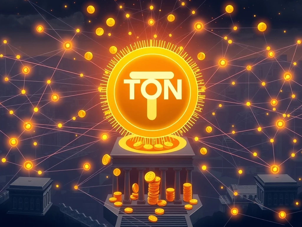 A digital illustration showing a strong financial boost for the Toncoin ecosystem, with golden coins flowing towards the TON Foundation logo.
