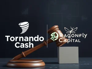 A legal gavel hitting a sound block, symbolizing the DOJ's scrutiny over a Tornado Cash investment linked to Dragonfly Capital.