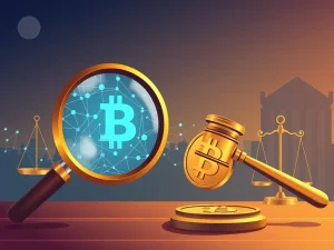 A gavel striking a crypto coin, symbolizing the DOJ crypto probe into Tornado Cash and its impact on venture capital liability.