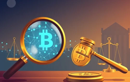 A gavel striking a crypto coin, symbolizing the DOJ crypto probe into Tornado Cash and its impact on venture capital liability.