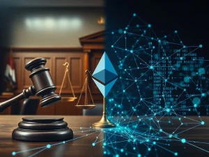 A courtroom scene symbolizing the pivotal Tornado Cash trial, highlighting the Roman Storm defense's fight for blockchain privacy.