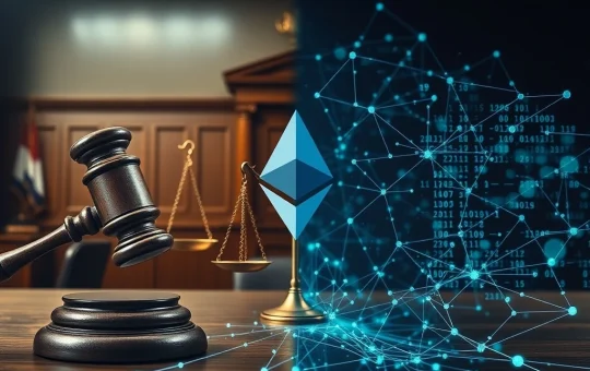 A courtroom scene symbolizing the pivotal Tornado Cash trial, highlighting the Roman Storm defense's fight for blockchain privacy.