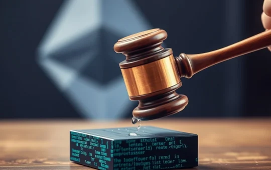 Gavel striking code, symbolizing the Tornado Cash trial's impact on developer liability and crypto regulation.